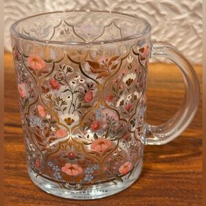 Clementine Paper Floral Glass Coffee Mug Pink & Gold Botanical Pattern